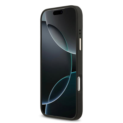 Apple iPhone 17 Pro Max Kılıf Guess Orjinal Lisanslı M-safe Şarj Özellikli Grained Yazı ve Taşlı 4G Logolu Kapak Siyah