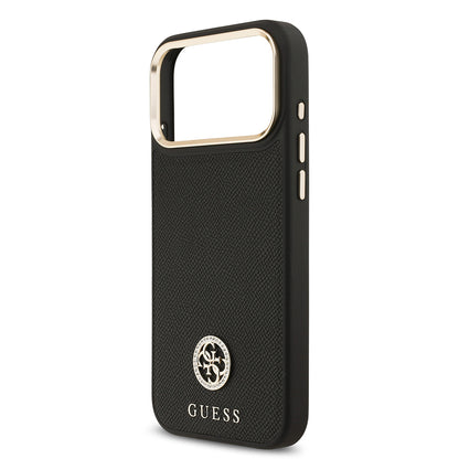 Apple iPhone 17 Pro Max Kılıf Guess Orjinal Lisanslı M-safe Şarj Özellikli Grained Yazı ve Taşlı 4G Logolu Kapak Siyah