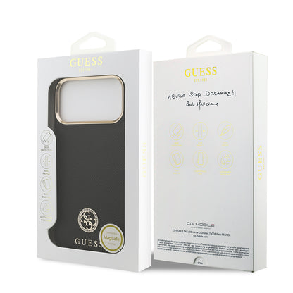 Apple iPhone 17 Pro Max Kılıf Guess Orjinal Lisanslı M-safe Şarj Özellikli Grained Yazı ve Taşlı 4G Logolu Kapak Kahverengi