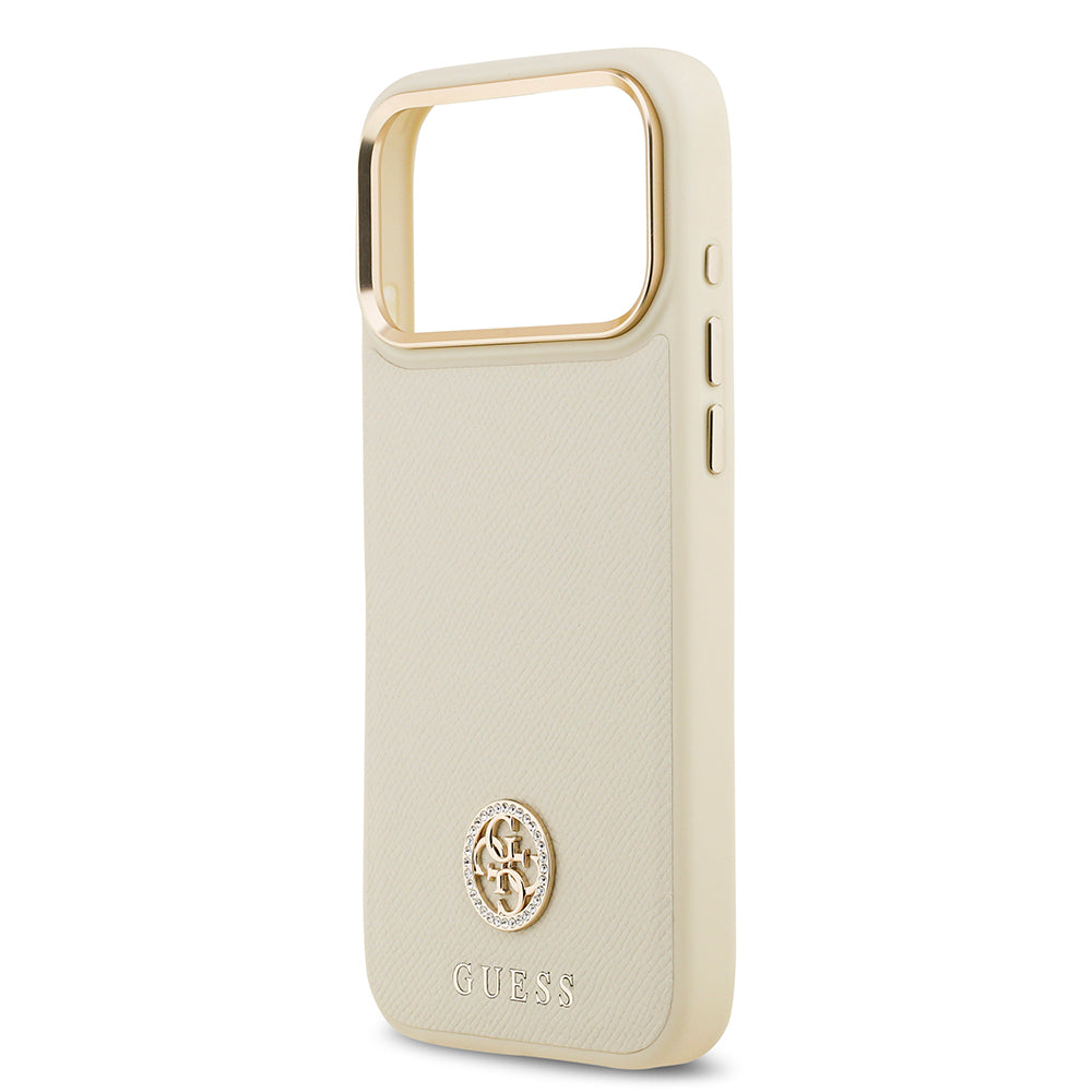 Apple iPhone 17 Pro Max Kılıf Guess Orjinal Lisanslı M-safe Şarj Özellikli Grained Yazı ve Taşlı 4G Logolu Kapak Kahverengi