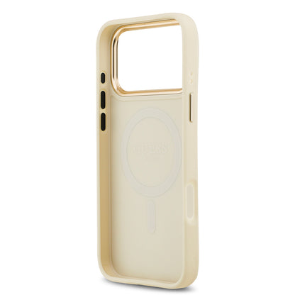 Apple iPhone 17 Pro Max Kılıf Guess Orjinal Lisanslı M-safe Şarj Özellikli Grained Yazı ve Taşlı 4G Logolu Kapak Bej