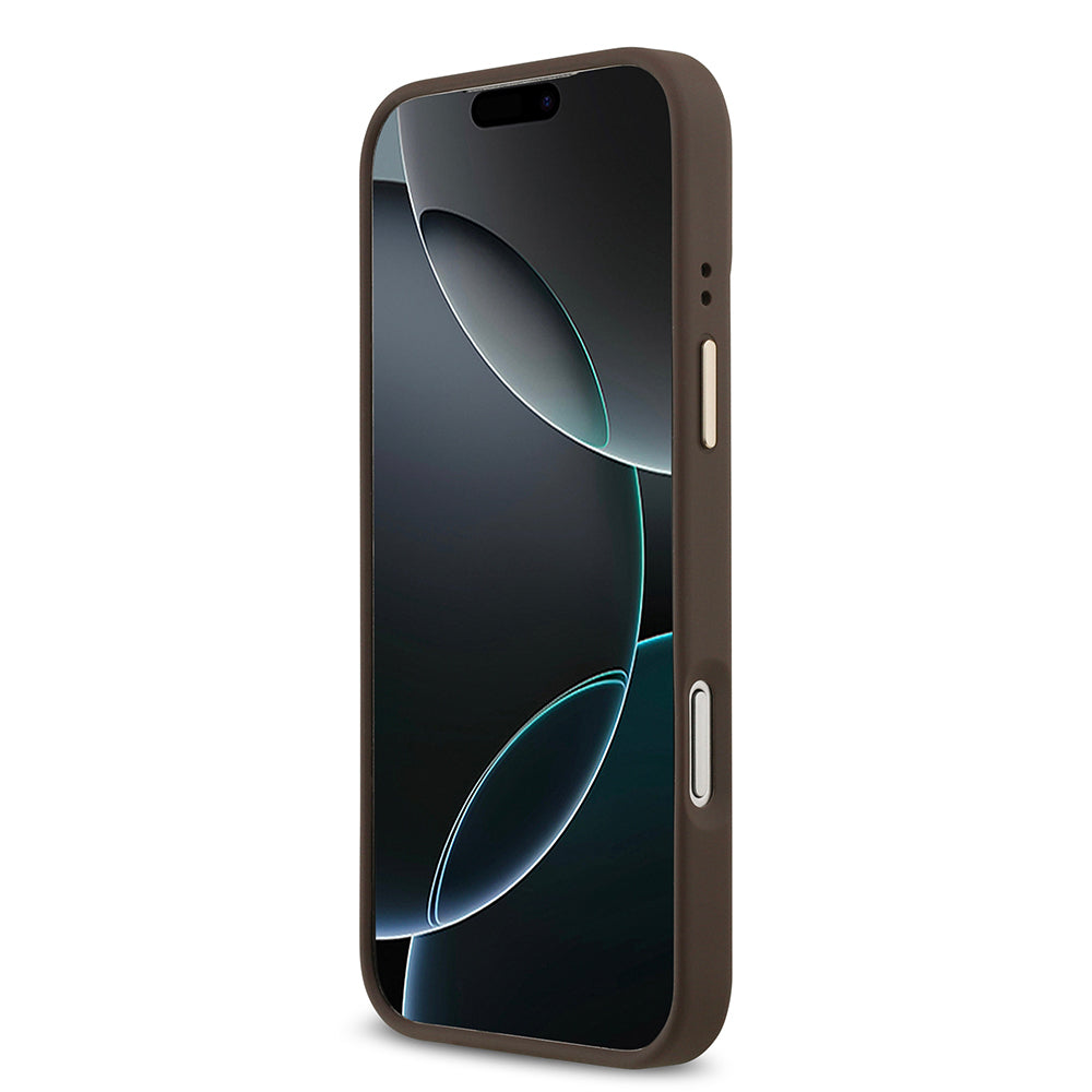 Apple iPhone 17 Pro Max Kılıf Guess Orjinal Lisanslı M-safe Şarj Özellikli Grained Yazı ve Taşlı 4G Logolu Kapak Kahverengi