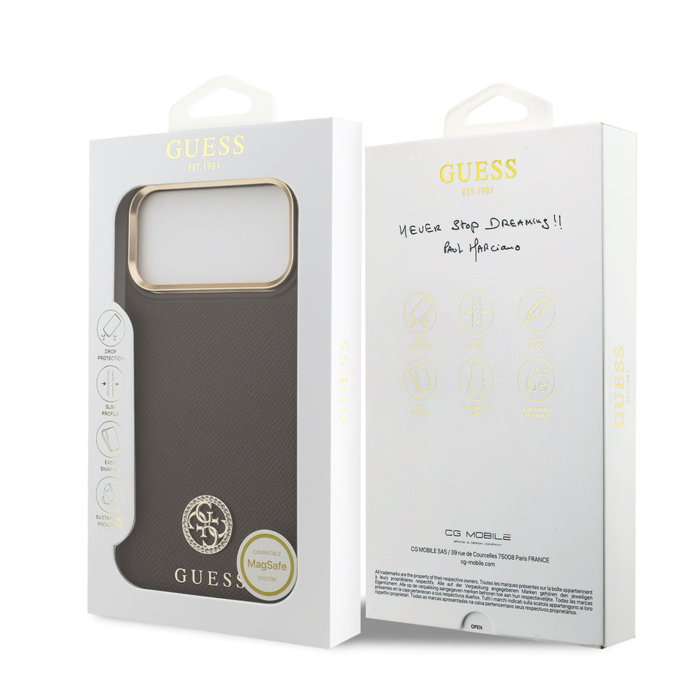 Apple iPhone 17 Pro Max Kılıf Guess Orjinal Lisanslı M-safe Şarj Özellikli Grained Yazı ve Taşlı 4G Logolu Kapak Kahverengi