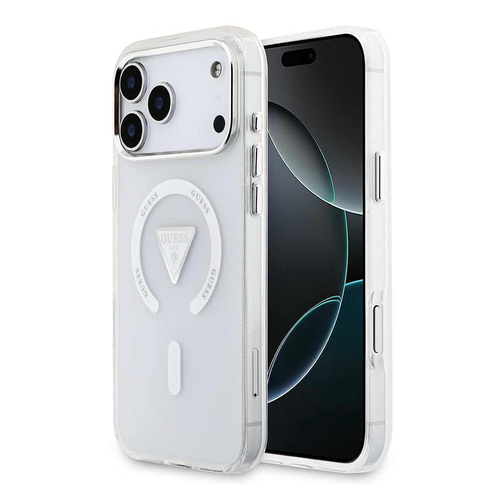 Apple iPhone 17 Pro Max Kılıf Guess Orjinal Lisanslı M-safe Şarj Özellikli IML Baskılı Üçgen Logolu Metal Kamera Çerçeveli Kapak Siyah