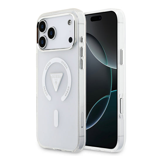 Apple iPhone 17 Pro Max Kılıf Guess Orjinal Lisanslı M-safe Şarj Özellikli IML Baskılı Üçgen Logolu Metal Kamera Çerçeveli Kapak Siyah