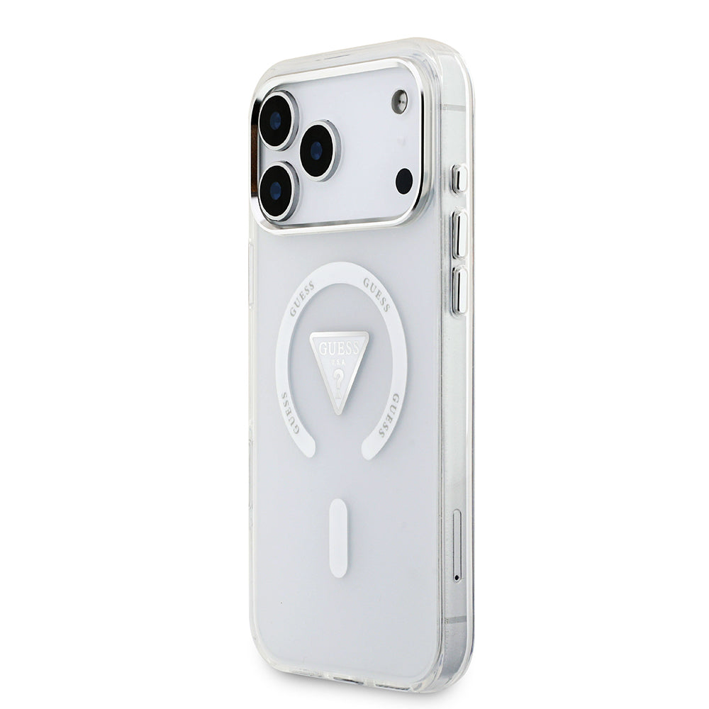 Apple iPhone 17 Pro Max Kılıf Guess Orjinal Lisanslı M-safe Şarj Özellikli IML Baskılı Üçgen Logolu Metal Kamera Çerçeveli Kapak Şeffaf