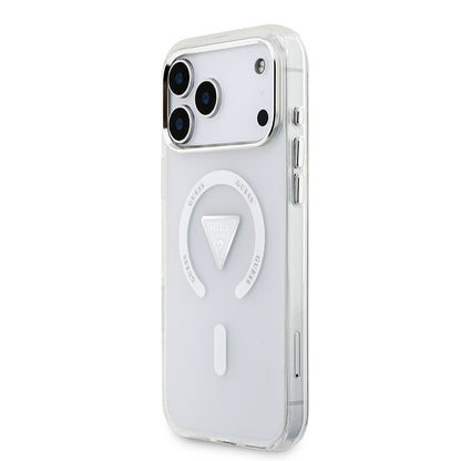 Apple iPhone 17 Pro Max Kılıf Guess Orjinal Lisanslı M-safe Şarj Özellikli IML Baskılı Üçgen Logolu Metal Kamera Çerçeveli Kapak Şeffaf