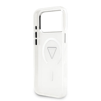 Apple iPhone 17 Pro Max Kılıf Guess Orjinal Lisanslı M-safe Şarj Özellikli IML Baskılı Üçgen Logolu Metal Kamera Çerçeveli Kapak Şeffaf