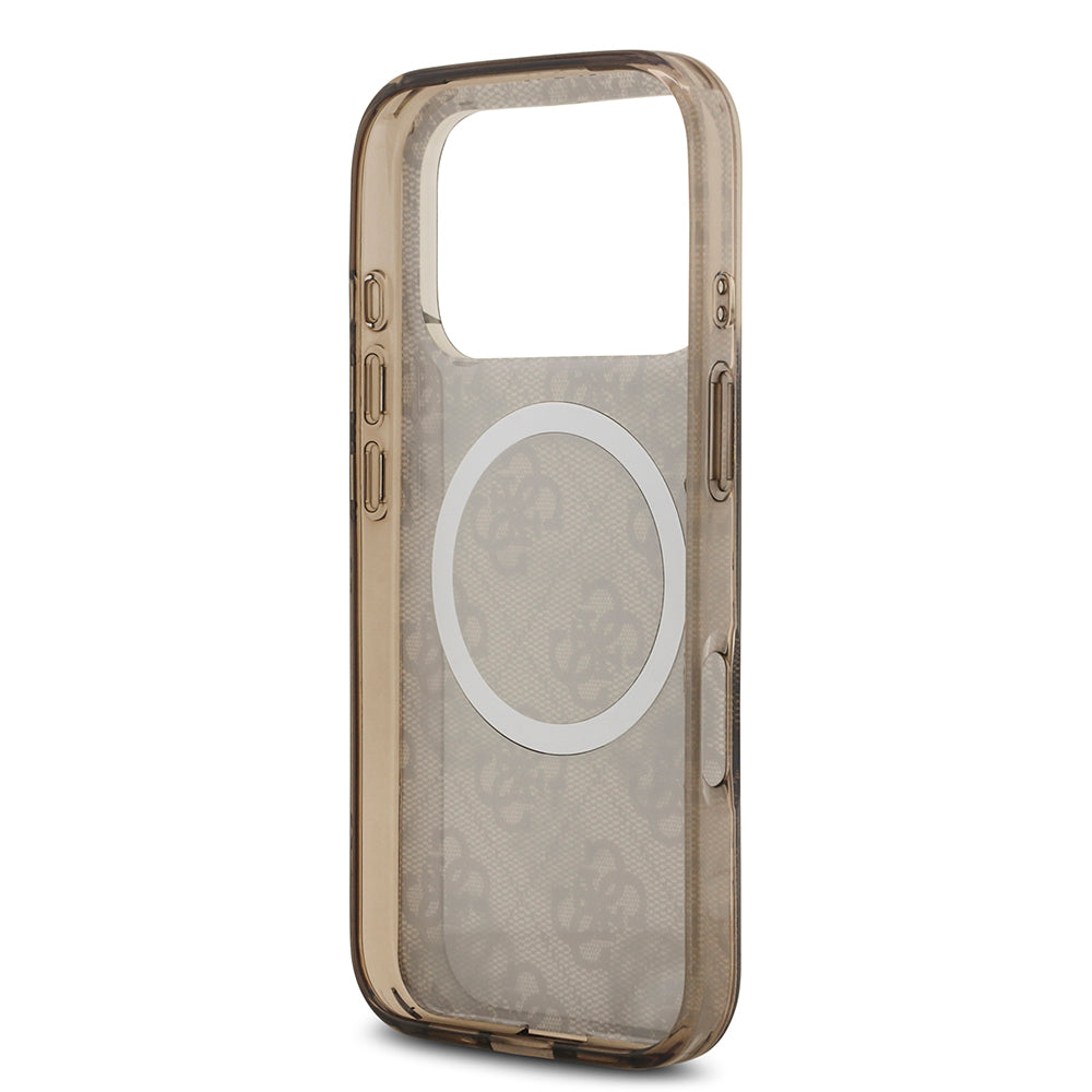 Apple iPhone 17 Pro Max Kılıf Guess Orjinal Lisanslı M-safe Şarj Özellikli IML Peony ve 4G Desenli Klasik Logolu Kapak Pembe