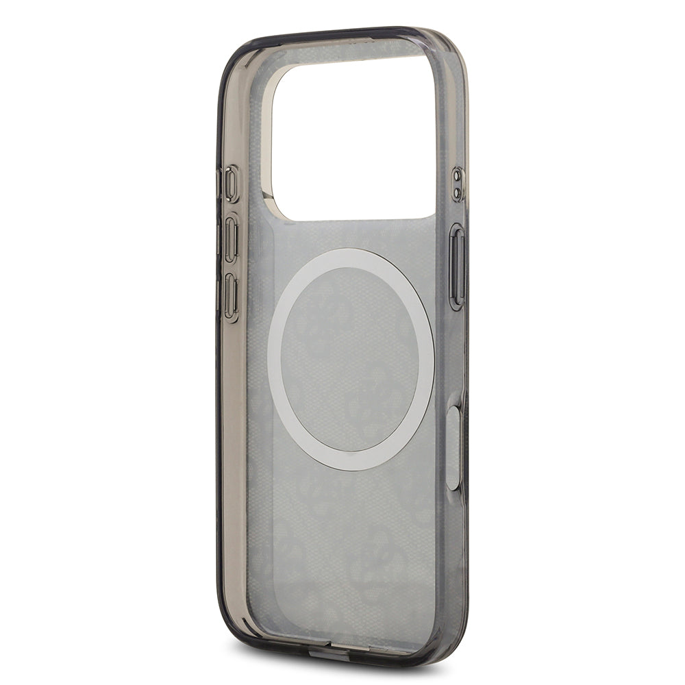 Apple iPhone 17 Pro Max Kılıf Guess Orjinal Lisanslı M-safe Şarj Özellikli IML Peony ve 4G Desenli Klasik Logolu Kapak Kahverengi