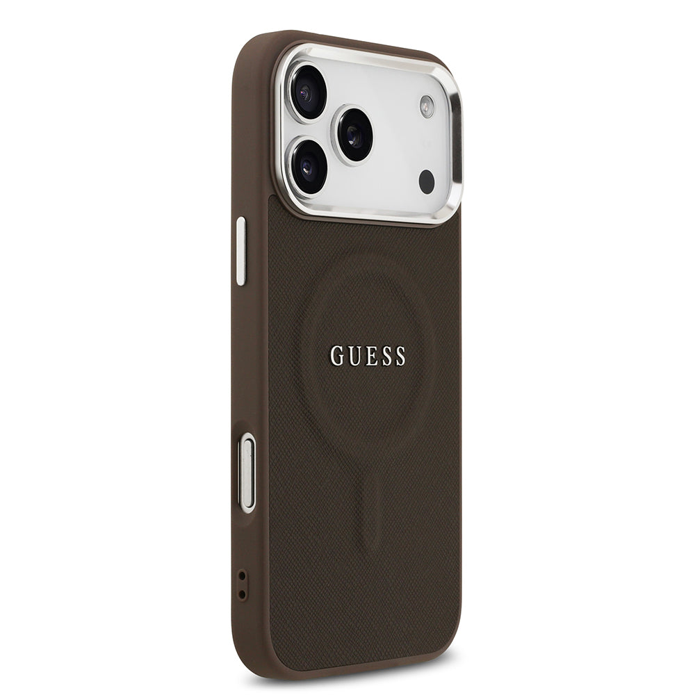 Apple iPhone 17 Pro Max Kılıf Guess Orjinal Lisanslı M-safe Şarj Özellikli Klasik Yazı Logolu PU Deri Kapak Kahverengi