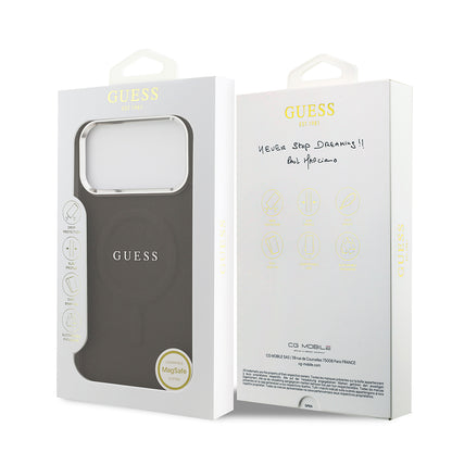 Apple iPhone 17 Pro Max Kılıf Guess Orjinal Lisanslı M-safe Şarj Özellikli Klasik Yazı Logolu PU Deri Kapak Kahverengi