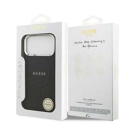 Apple iPhone 17 Pro Max Kılıf Guess Orjinal Lisanslı M-safe Şarj Özellikli Klasik Yazı Logolu PU Deri Kapak Siyah