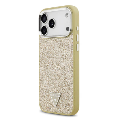 Apple iPhone 17 Pro Max Kılıf Guess Orjinal Lisanslı M-safe Şarj Özellikli Metal Kamera Çerçeveli Üçgen Logolu Glitter Kapak Gold