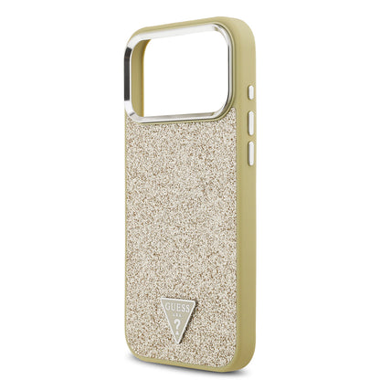 Apple iPhone 17 Pro Max Kılıf Guess Orjinal Lisanslı M-safe Şarj Özellikli Metal Kamera Çerçeveli Üçgen Logolu Glitter Kapak Pembe