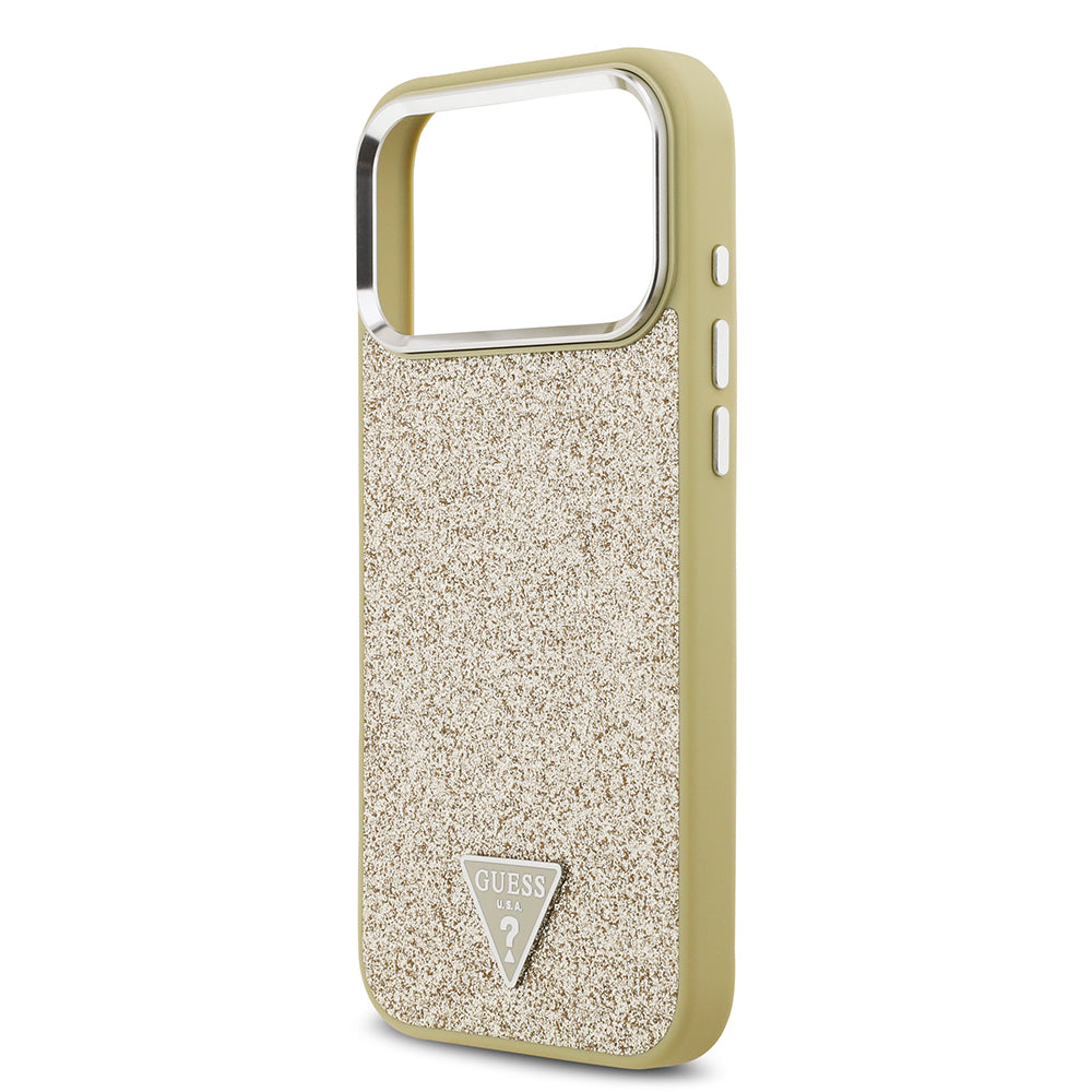 Apple iPhone 17 Pro Max Kılıf Guess Orjinal Lisanslı M-safe Şarj Özellikli Metal Kamera Çerçeveli Üçgen Logolu Glitter Kapak Gri