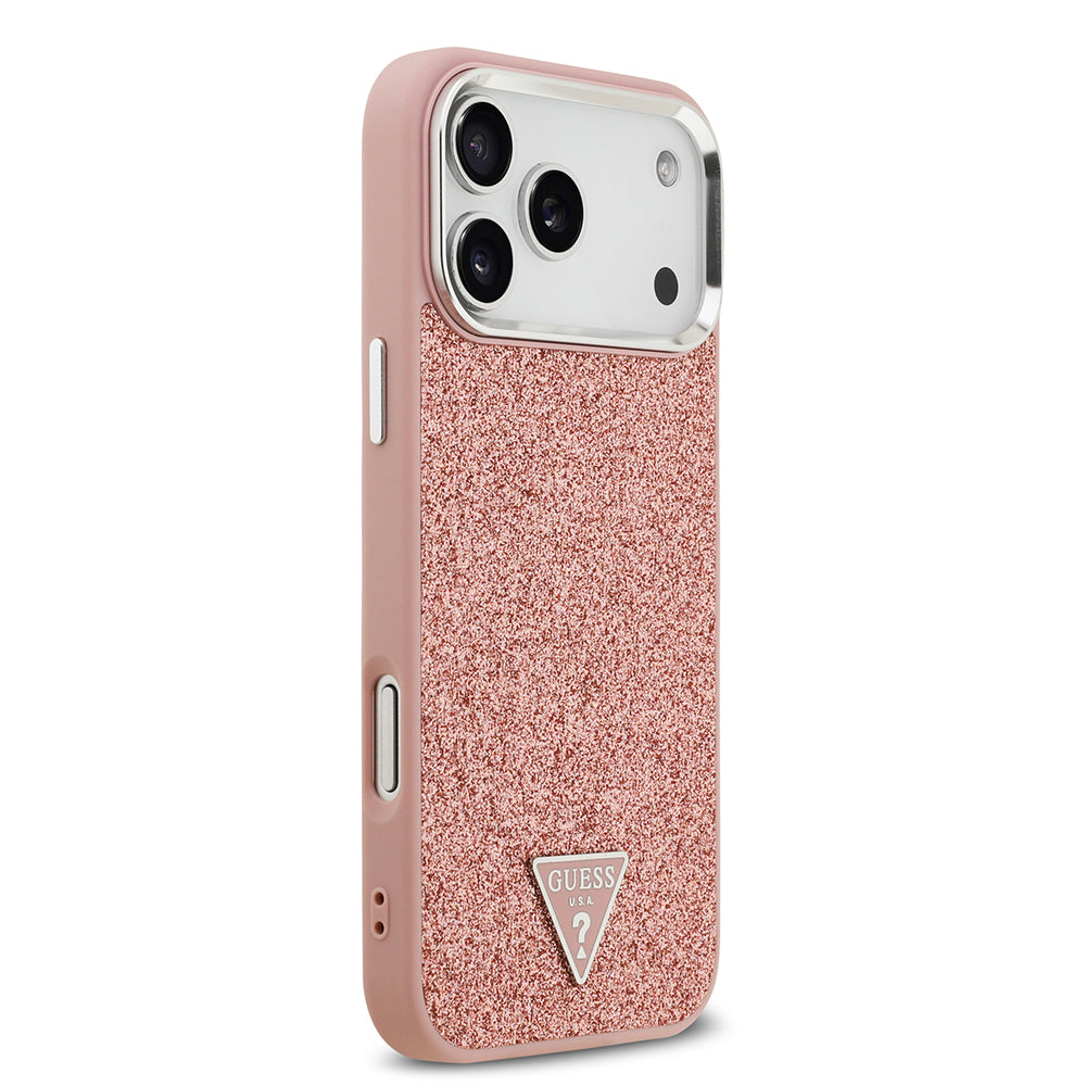 Apple iPhone 17 Pro Max Kılıf Guess Orjinal Lisanslı M-safe Şarj Özellikli Metal Kamera Çerçeveli Üçgen Logolu Glitter Kapak Pembe