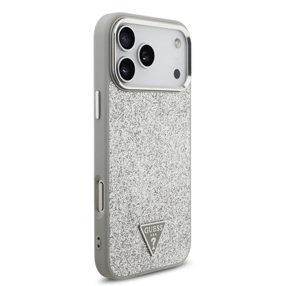 Apple iPhone 17 Pro Max Kılıf Guess Orjinal Lisanslı M-safe Şarj Özellikli Metal Kamera Çerçeveli Üçgen Logolu Glitter Kapak Pembe