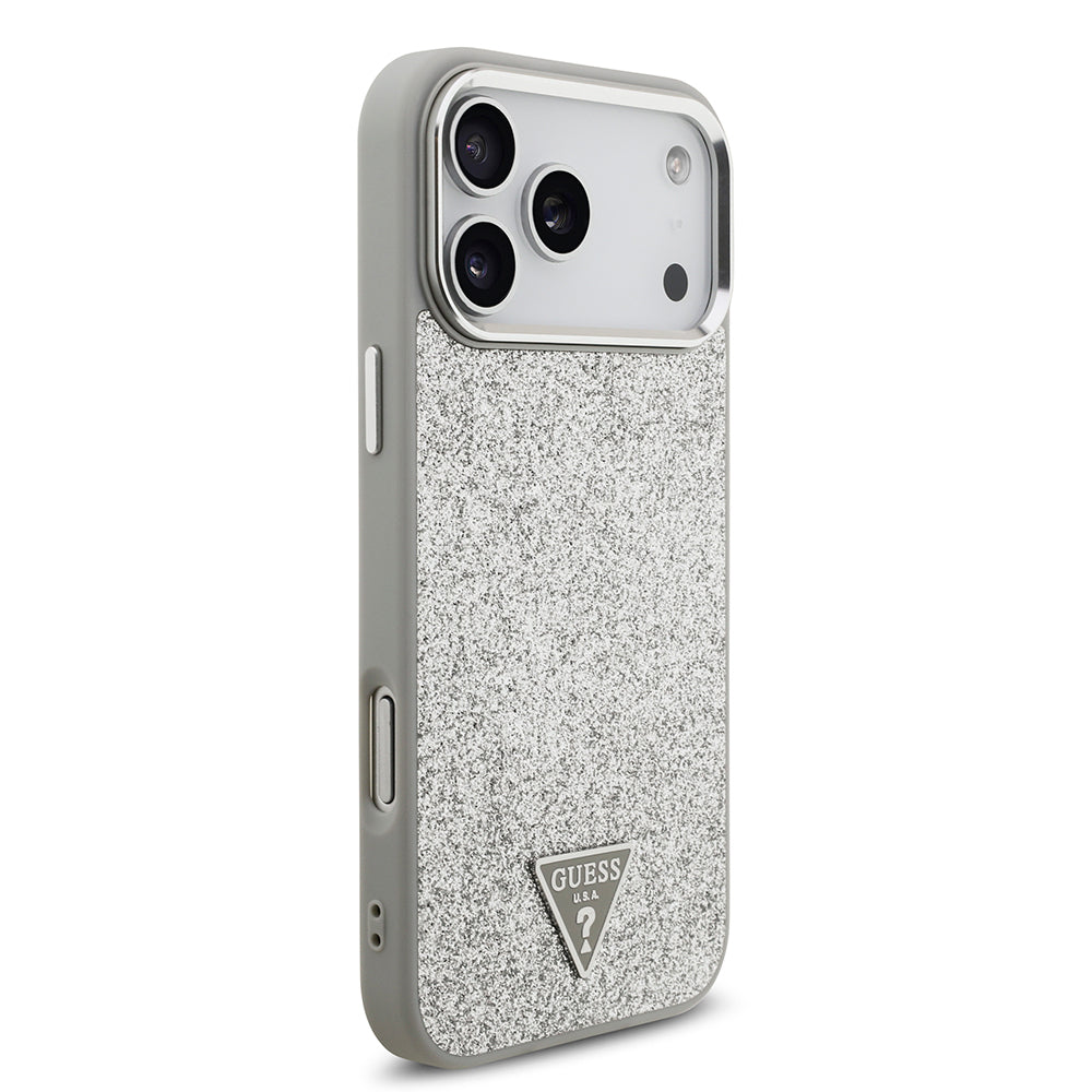 Apple iPhone 17 Pro Max Kılıf Guess Orjinal Lisanslı M-safe Şarj Özellikli Metal Kamera Çerçeveli Üçgen Logolu Glitter Kapak Gold