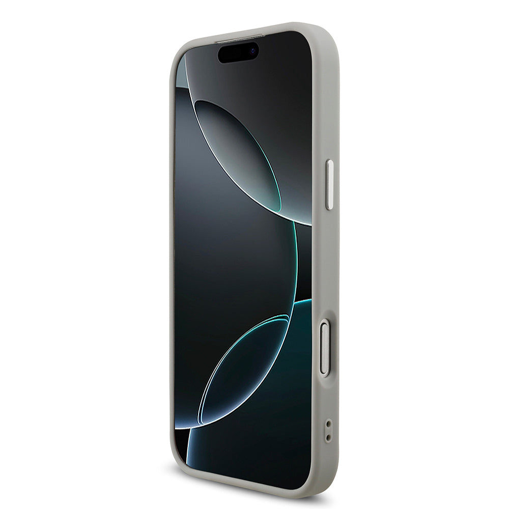 Apple iPhone 17 Pro Max Kılıf Guess Orjinal Lisanslı M-safe Şarj Özellikli Metal Kamera Çerçeveli Üçgen Logolu Glitter Kapak Gri