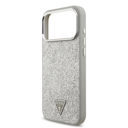 Apple iPhone 17 Pro Max Kılıf Guess Orjinal Lisanslı M-safe Şarj Özellikli Metal Kamera Çerçeveli Üçgen Logolu Glitter Kapak Pembe