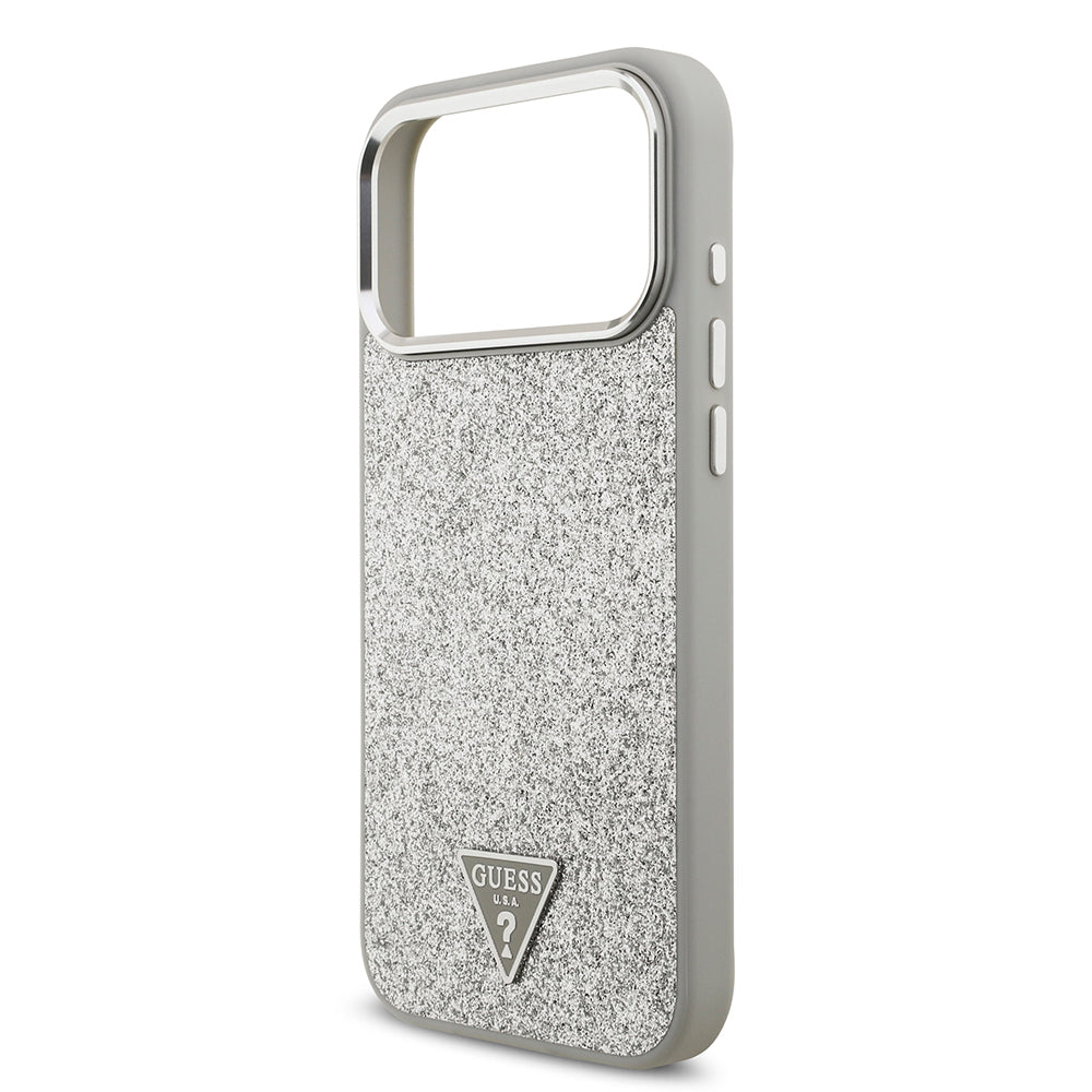 Apple iPhone 17 Pro Max Kılıf Guess Orjinal Lisanslı M-safe Şarj Özellikli Metal Kamera Çerçeveli Üçgen Logolu Glitter Kapak Gold