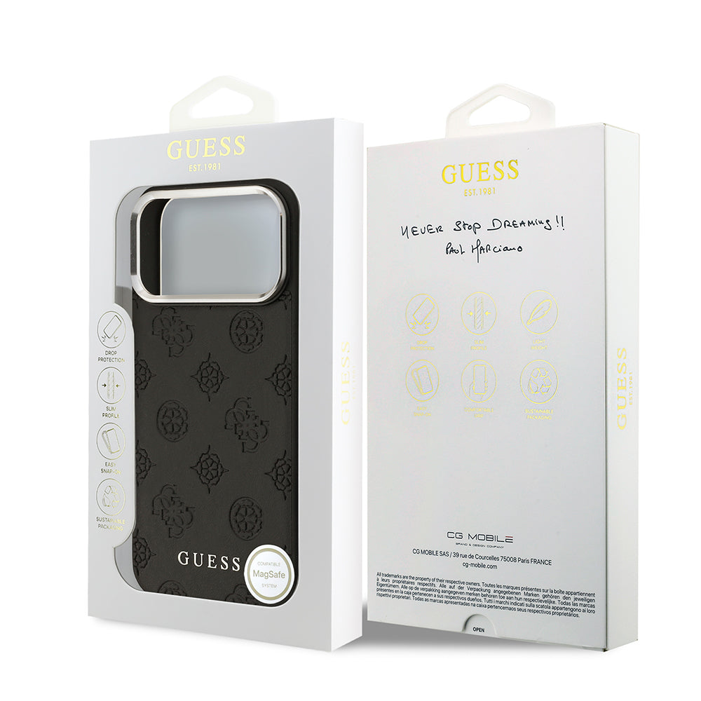 Apple iPhone 17 Pro Max Kılıf Guess Orjinal Lisanslı M-safe Şarj Özellikli Sıcak Baskılı Klasik Yazı Logolu PU Deri Peony Kapak Siyah