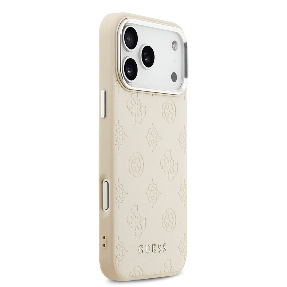 Apple iPhone 17 Pro Max Kılıf Guess Orjinal Lisanslı M-safe Şarj Özellikli Sıcak Baskılı Klasik Yazı Logolu PU Deri Peony Kapak Bej