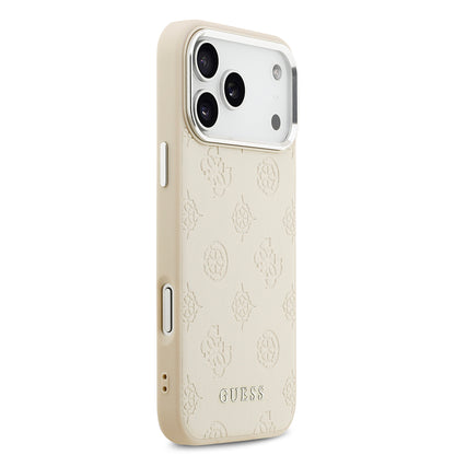 Apple iPhone 17 Pro Max Kılıf Guess Orjinal Lisanslı M-safe Şarj Özellikli Sıcak Baskılı Klasik Yazı Logolu PU Deri Peony Kapak Bej