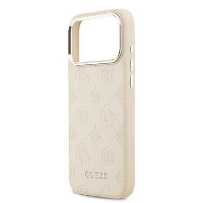 Apple iPhone 17 Pro Max Kılıf Guess Orjinal Lisanslı M-safe Şarj Özellikli Sıcak Baskılı Klasik Yazı Logolu PU Deri Peony Kapak Bej