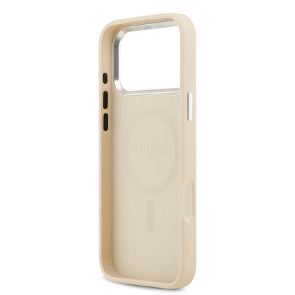 Apple iPhone 17 Pro Max Kılıf Guess Orjinal Lisanslı M-safe Şarj Özellikli Sıcak Baskılı Klasik Yazı Logolu PU Deri Peony Kapak Bej