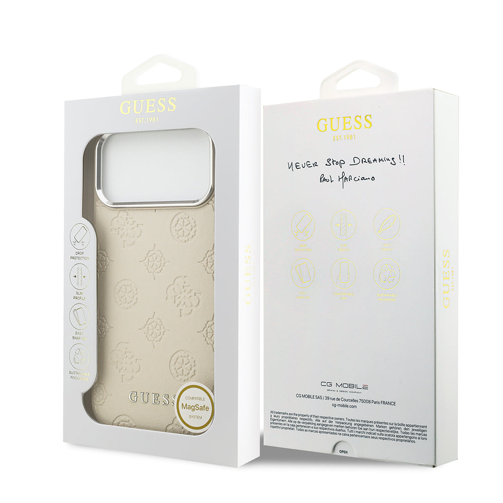 Apple iPhone 17 Pro Max Kılıf Guess Orjinal Lisanslı M-safe Şarj Özellikli Sıcak Baskılı Klasik Yazı Logolu PU Deri Peony Kapak Bej