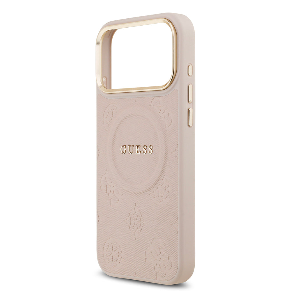 Apple iPhone 17 Pro Max Kılıf Guess Orjinal Lisanslı M-safe Şarj Özellikli Sıcak Baskılı Yazı Logolu PU Deri Peony Kapak Bej