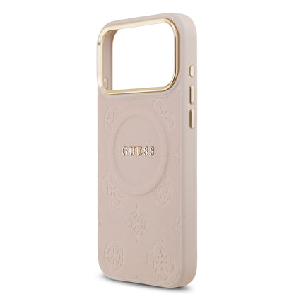 Apple iPhone 17 Pro Max Kılıf Guess Orjinal Lisanslı M-safe Şarj Özellikli Sıcak Baskılı Yazı Logolu PU Deri Peony Kapak Bej