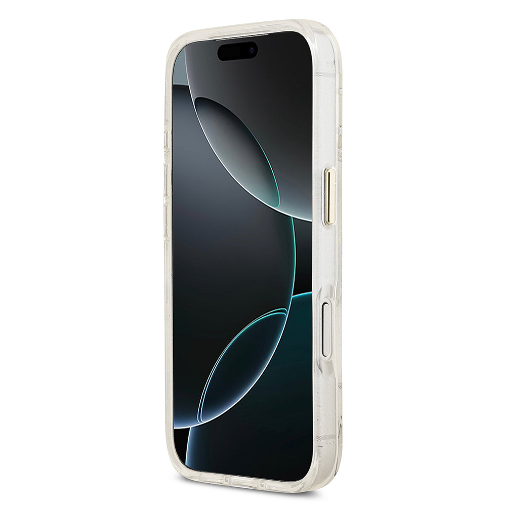 Apple iPhone 17 Pro Max Kılıf Guess Orjinal Lisanslı M-safe Şarj Özellikli Simli Çiçek Desenli Metal Kamera Çerçeveli Üçgen Logolu Kapak Beyaz