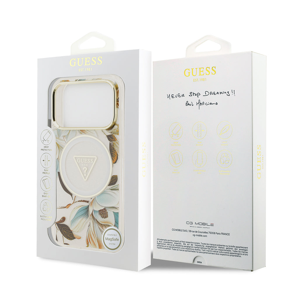 Apple iPhone 17 Pro Max Kılıf Guess Orjinal Lisanslı M-safe Şarj Özellikli Simli Çiçek Desenli Metal Kamera Çerçeveli Üçgen Logolu Kapak Yeşil