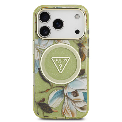 Apple iPhone 17 Pro Max Kılıf Guess Orjinal Lisanslı M-safe Şarj Özellikli Simli Çiçek Desenli Metal Kamera Çerçeveli Üçgen Logolu Kapak Siyah