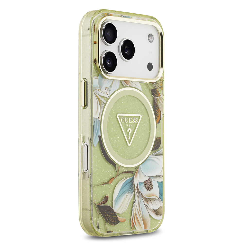 Apple iPhone 17 Pro Max Kılıf Guess Orjinal Lisanslı M-safe Şarj Özellikli Simli Çiçek Desenli Metal Kamera Çerçeveli Üçgen Logolu Kapak Yeşil