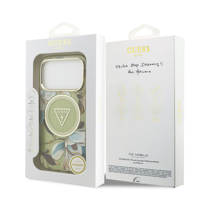 Apple iPhone 17 Pro Max Kılıf Guess Orjinal Lisanslı M-safe Şarj Özellikli Simli Çiçek Desenli Metal Kamera Çerçeveli Üçgen Logolu Kapak Beyaz