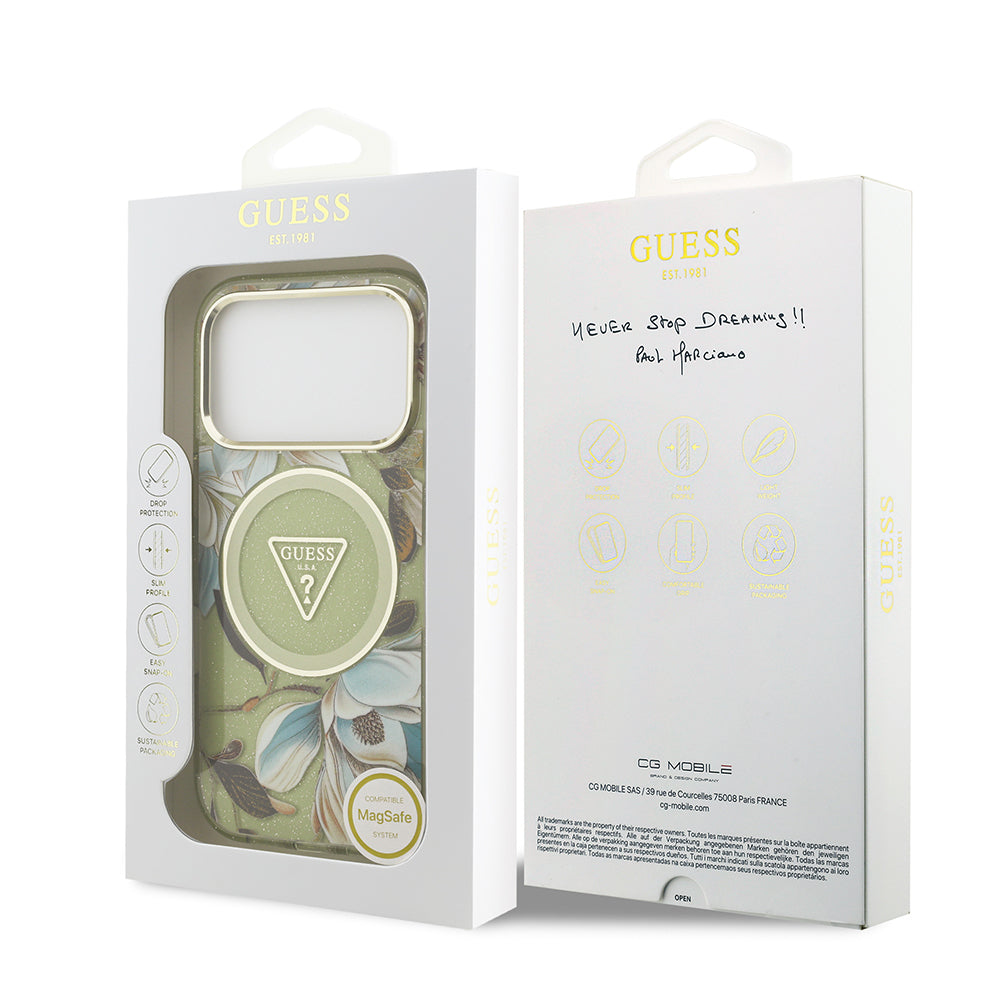 Apple iPhone 17 Pro Max Kılıf Guess Orjinal Lisanslı M-safe Şarj Özellikli Simli Çiçek Desenli Metal Kamera Çerçeveli Üçgen Logolu Kapak Yeşil