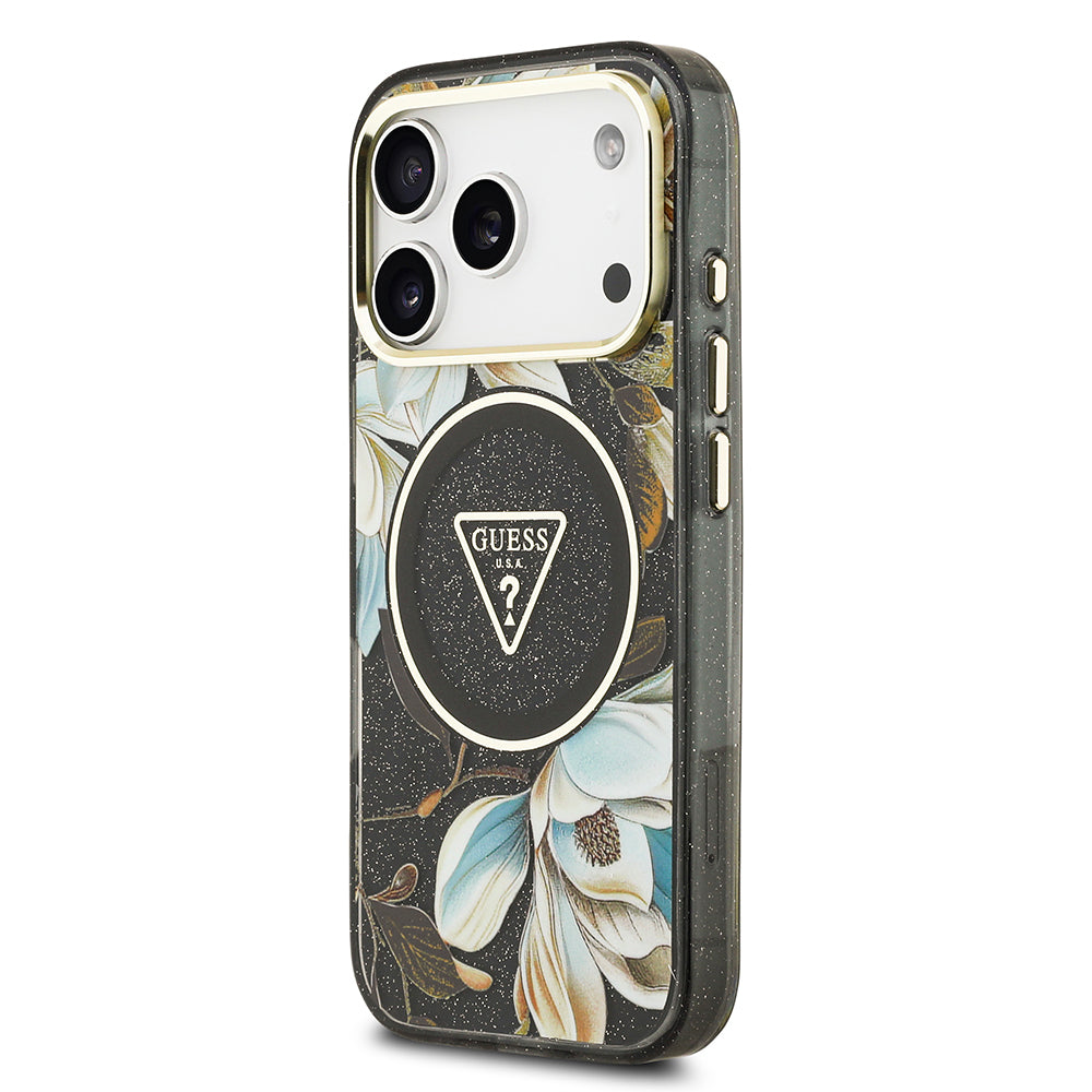 Apple iPhone 17 Pro Max Kılıf Guess Orjinal Lisanslı M-safe Şarj Özellikli Simli Çiçek Desenli Metal Kamera Çerçeveli Üçgen Logolu Kapak Mor