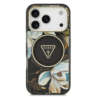 Apple iPhone 17 Pro Max Kılıf Guess Orjinal Lisanslı M-safe Şarj Özellikli Simli Çiçek Desenli Metal Kamera Çerçeveli Üçgen Logolu Kapak Yeşil