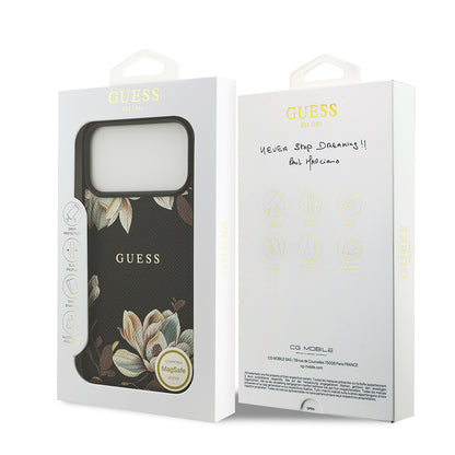 Apple iPhone 17 Pro Max Kılıf Guess Orjinal Lisanslı M-safe Şarj Özellikli Taneli Çiçek Tasarımlı Metal Yazı Logolu Kapak Siyah