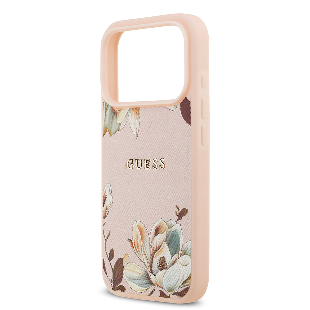 Apple iPhone 17 Pro Max Kılıf Guess Orjinal Lisanslı M-safe Şarj Özellikli Taneli Çiçek Tasarımlı Metal Yazı Logolu Kapak Siyah