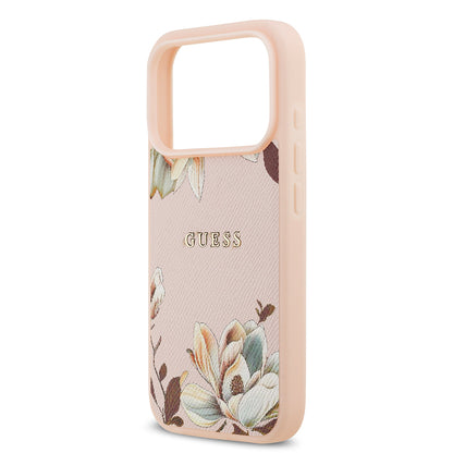 Apple iPhone 17 Pro Max Kılıf Guess Orjinal Lisanslı M-safe Şarj Özellikli Taneli Çiçek Tasarımlı Metal Yazı Logolu Kapak Siyah