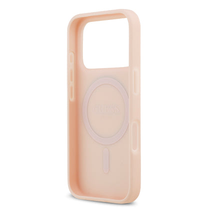 Apple iPhone 17 Pro Max Kılıf Guess Orjinal Lisanslı M-safe Şarj Özellikli Taneli Çiçek Tasarımlı Metal Yazı Logolu Kapak Pembe