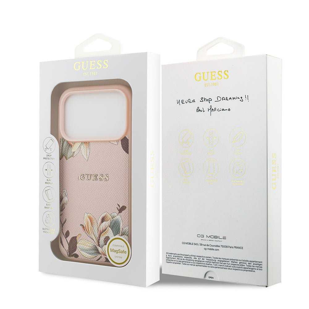 Apple iPhone 17 Pro Max Kılıf Guess Orjinal Lisanslı M-safe Şarj Özellikli Taneli Çiçek Tasarımlı Metal Yazı Logolu Kapak Siyah