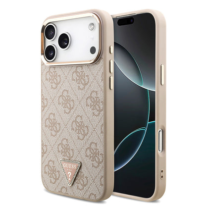 Apple iPhone 17 Pro Max Kılıf Guess Orjinal Lisanslı M-safe Şarj Özellikli Taşlı Üçgen Logo 4G Desenli Kapak Kahverengi