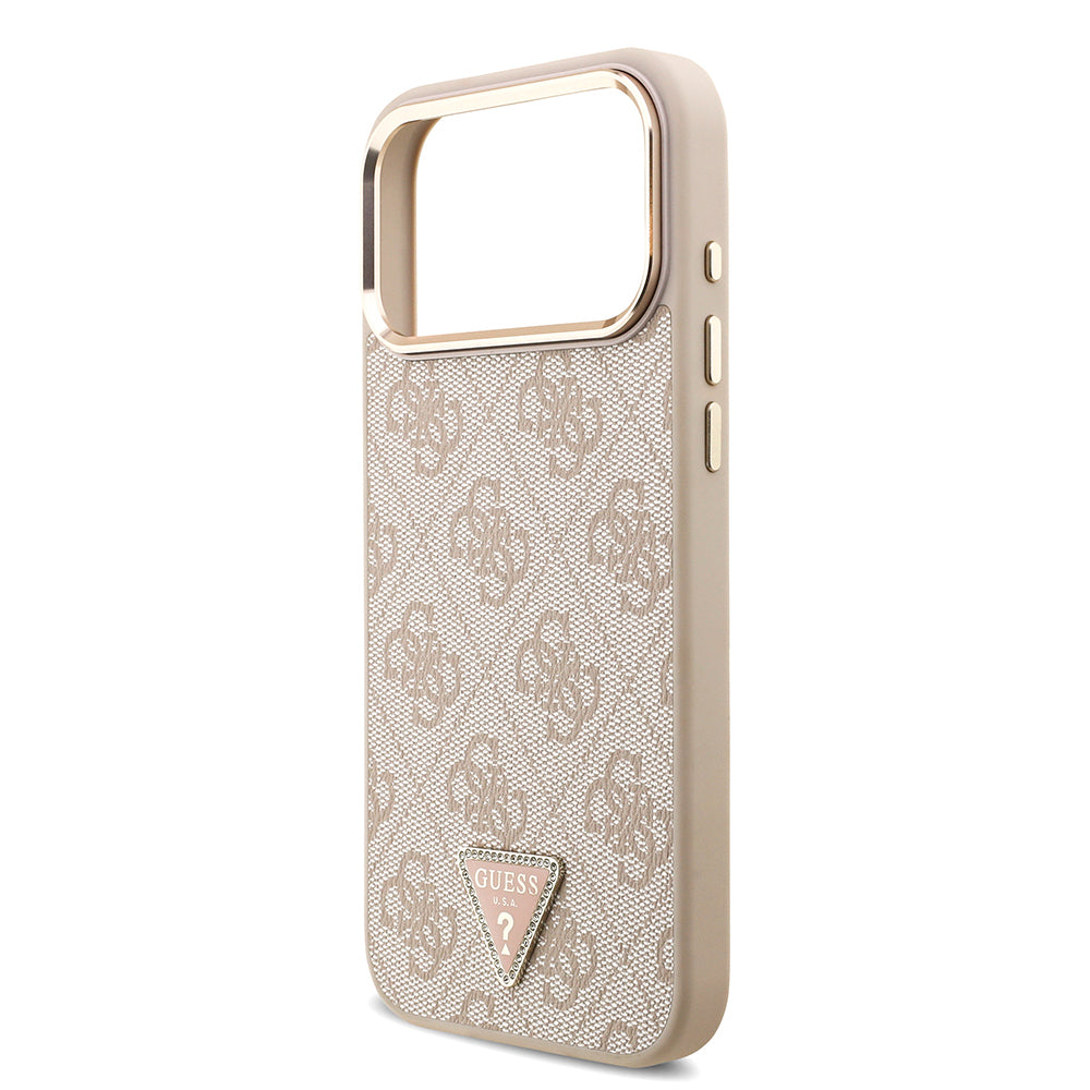 Apple iPhone 17 Pro Max Kılıf Guess Orjinal Lisanslı M-safe Şarj Özellikli Taşlı Üçgen Logo 4G Desenli Kapak Siyah