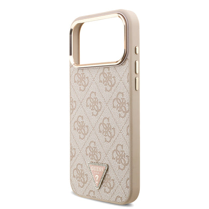 Apple iPhone 17 Pro Max Kılıf Guess Orjinal Lisanslı M-safe Şarj Özellikli Taşlı Üçgen Logo 4G Desenli Kapak Pembe